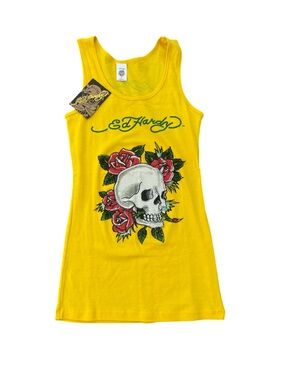 Ed Hardy Yellow Rhinestone Skull Rose Tank NWT Y2K Style L